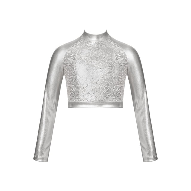 RUNQHUI Enfants Filles Col Roulé Métallique Danse Crop Top Paillettes Manches Longues pour Danse Raves Festivals Sports Argent 16