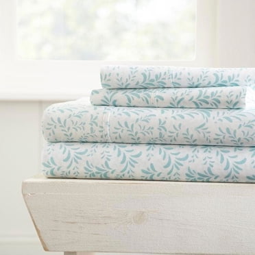 Linen Market Ensemble de Draps 4 Pcs à Motifs, Très Grand Lit, Éclat de Vignes Bleu Pâle