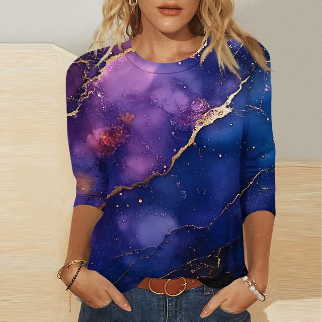 UPPADA Blouses pour Femmes Grande Taille à Manches 3/4, T-Shirts à Imprimé Floral Teintable, Chemises Décontractées Tendance à Col Rond, Chandails Confortables à Enfiler, Hauts Blouses Mignons d'Été, Hauts pour Femmes à Manches 3/4, Aubaines