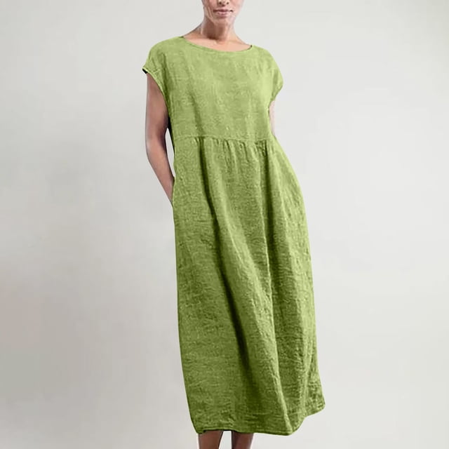 Robe Longue Maxi Sans Manches à Col Rond pour Femme, en Lin, Ample et Décontractée, Style Caftan, avec Poches