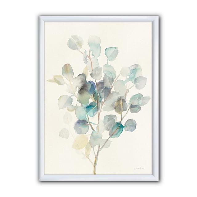 Designart Eucalyptus leaves I Framed Wall Art with a centered watercolor depiction of eucalyptus branches featuring blue-green leaves on premium cotton canvas, mounted in a 1.5-inch white frame, ideal for wall décor and includes hanging hardware.