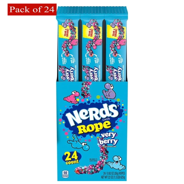 Nerds Rope Very Berry, 26g (0.92oz) - Pack of 24. A multipack box of novelty candy featuring 24 individually wrapped ropes with a chewy red gummy center coated in crunchy, tangy Nerds candies in flavors like Blue Raspberry, Strawberry, Grape, and Wildberry. The box is bright blue with colorful Nerds characters and vibrant candy illustrations.
