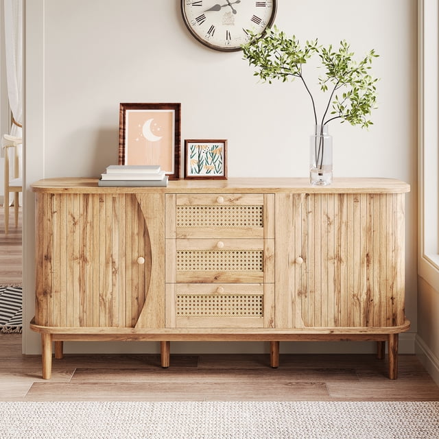 Noble House Rattan Sideboard Dresser, Sliding Door Cabinet with Adjustable Shelves & Rounded Top,Storage Cabinet,Light Wood