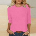 thumbnail image 1 of CHUANK T-Shirt Ajusté à Col Rond Mignon pour Femmes, Décontracté, Mi-Long, Manches 3/4, Blouse Extensible, Basique, Uni, Hauts, 1 of 5