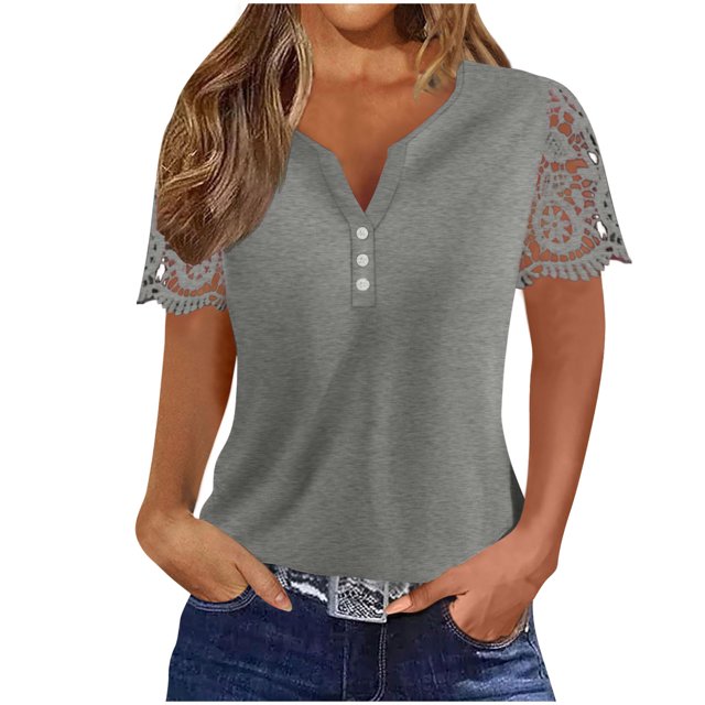 Timegard Womens Summer Tops Notched V-Neck Button Lace Short Sleeve Solid Color Dressy Casual Tunic Tops