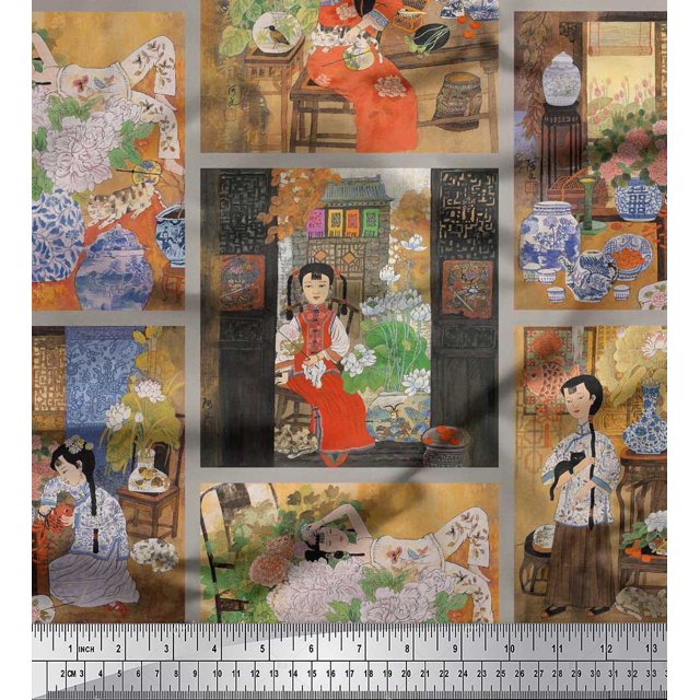 Soimoi Velvet Fabric Flower Vase,Cat & Girl Patchwork Decor Fabric Printed Yard 58 Inch Wide