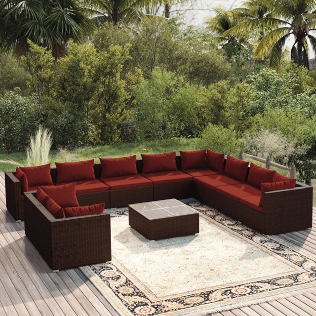 vidaXL Ensemble de Salon de Jardin 11 Pcs avec Coussins en Rotin Poly Brun