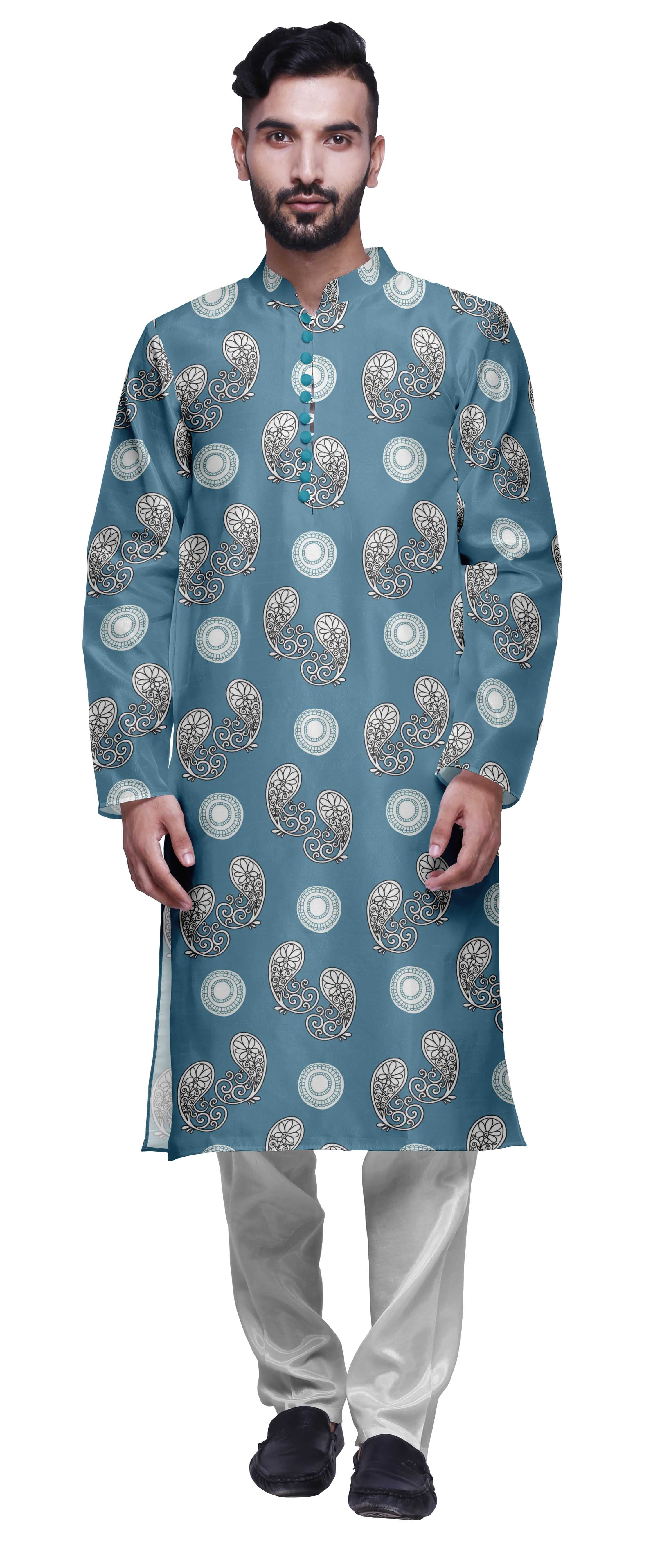 Atasi Kurta Long Imprimé pour Hommes avec Ensemble de Pyjama Churidar Blanc Tenue Traditionnelle