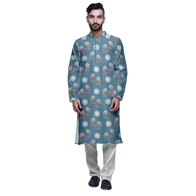 Atasi Printed Long Kurta For Men With White Churidar Pyjama Set Traditional Wear
