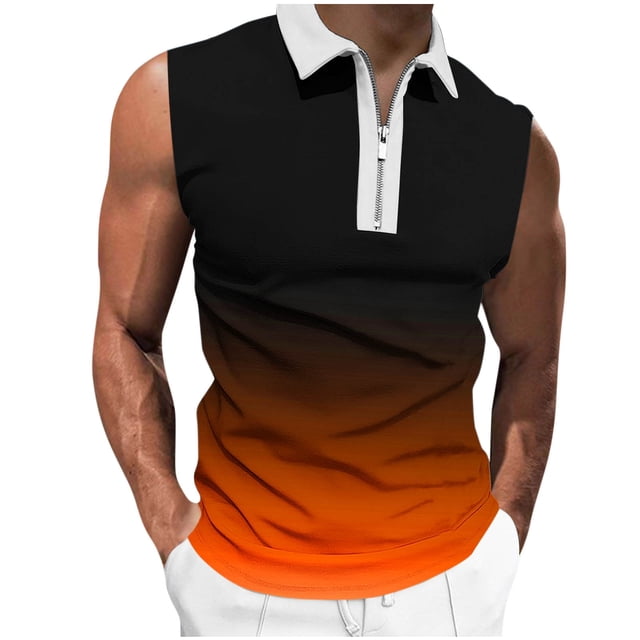 Plebaso Tank Tops for Men Casual Quarter Zip Collared Tee Shirts Sleeveless Gradient Color Fashion Shirts