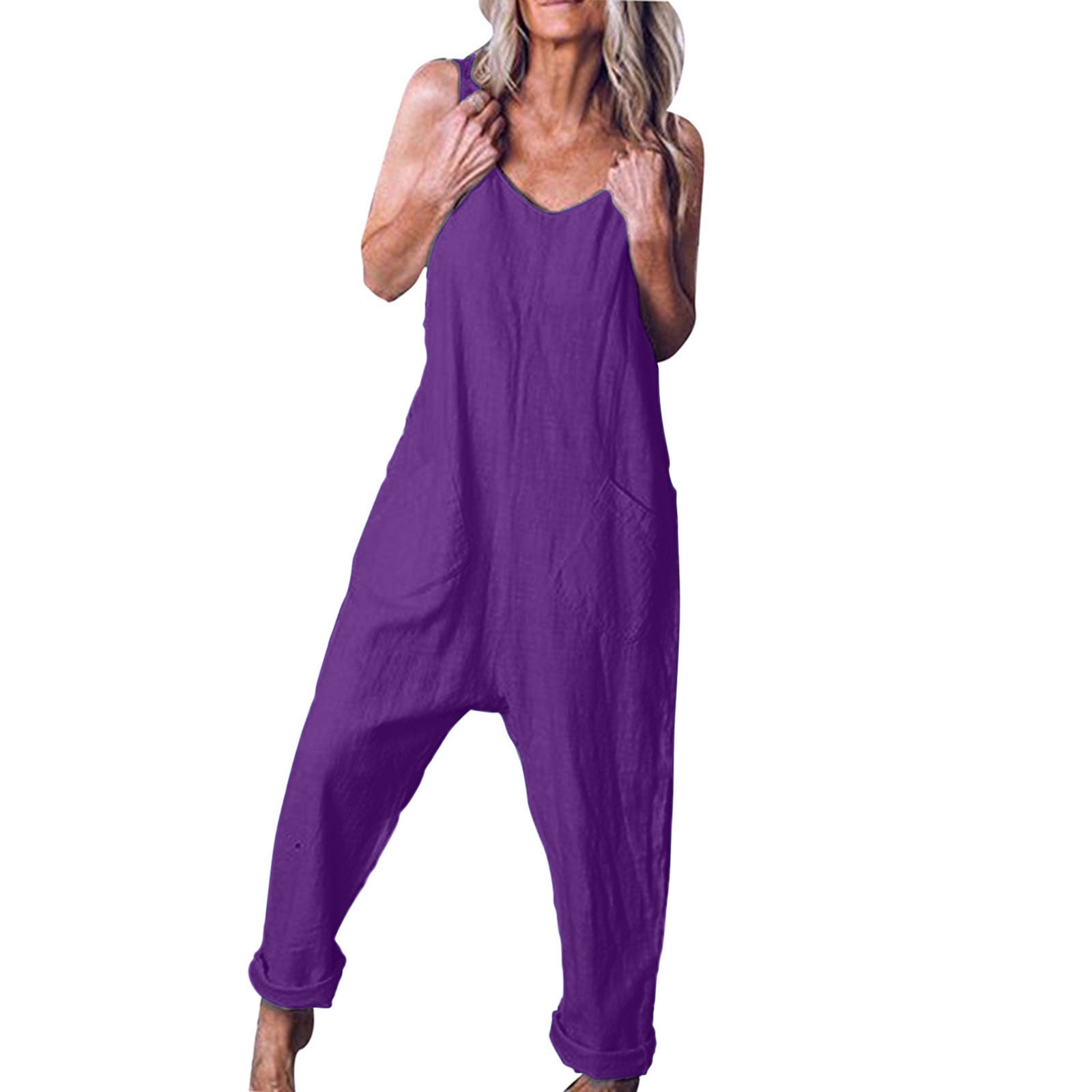 Yuyuzo Combinaison Décontractée Sans Manches en Coton et Lin pour Femme, Couleur Unie, 1, Taille Unique
