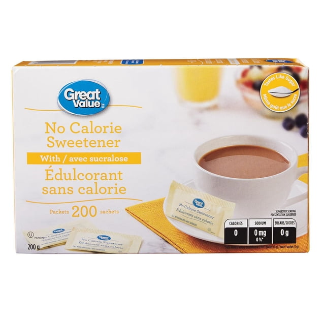Great Value No Calorie Sweetener with sucralose 200 count box with individual packets beside a white coffee cup on a yellow napkin, showing zero calories, sodium, and sugar, suitable for sweetening drinks, cereals, and fruit without added calories.