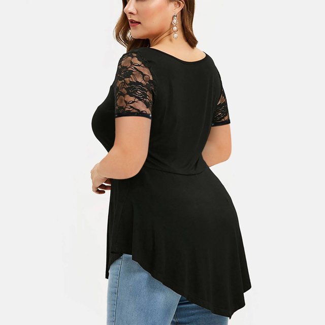 Leutsin Plus Size Women Solid Floral Lace O-Neck Asymmetric Three Quarter Plus Size Tops Blouse in black. The blouse features a floral lace design on the sleeves, an O-neckline, and an asymmetric hemline. Made from lightweight polyester, it offers a comfortable and breathable fit. Suitable for casual, daily, or special occasions like parties and weddings. Shown on a model paired with blue jeans.