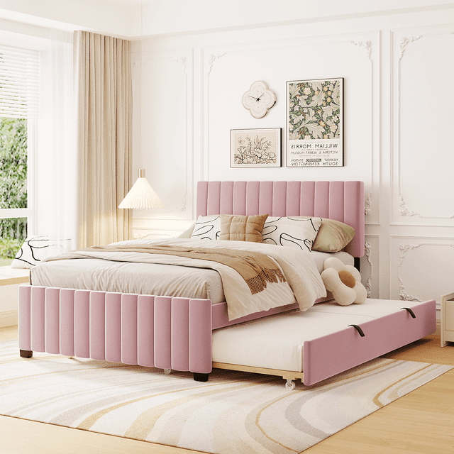 Lit Plateforme Pleine Grandeur Rembourré en Velours avec Tiroir-Lit Simple, Rose