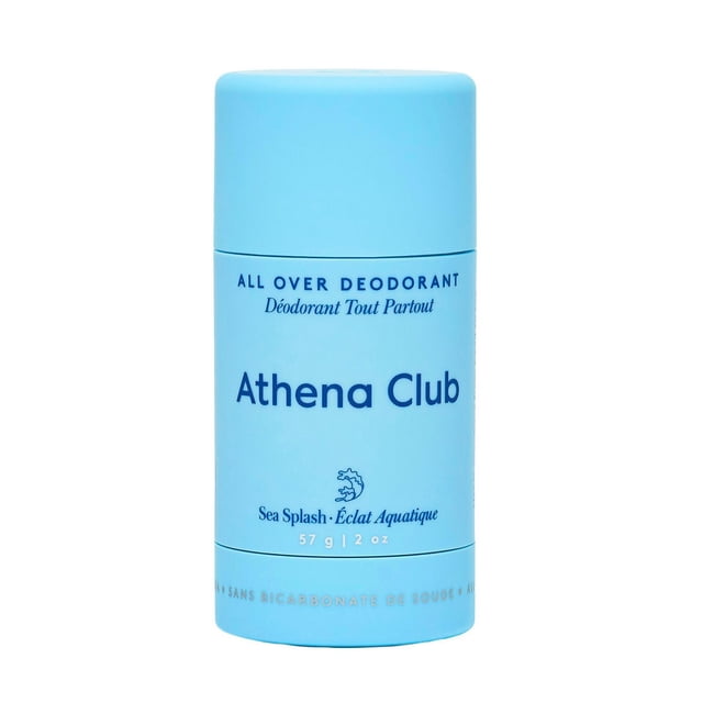 Athena Club Déodorant Partout Sea Splash en Bâton Bleu Pâle avec Texte Bleu Foncé et Icône de Vague, Étiqueté en Anglais et en Français, 57 g (2 oz), Formule à Base de Plantes pour une Utilisation sur Tout le Corps, Convient aux Peaux Sensibles et à une protection Durable contre les Odeurs.