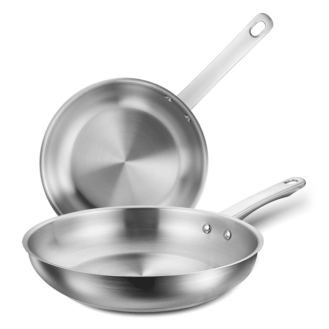 Koch Systeme CS 8+10 Inch Frying Pans with Non-toxic Stainless Steel for Professional Cooking. The set includes two frying pans with a sleek stainless steel finish, featuring a toxin-free non-stick coating for healthy cooking. Designed with an aluminum core for even heat distribution, these pans are compatible with all stoves, including induction, and are oven safe up to 450°F. The ergonomic handles have a hanging hole for convenient storage. Dishwasher safe for easy cleaning.