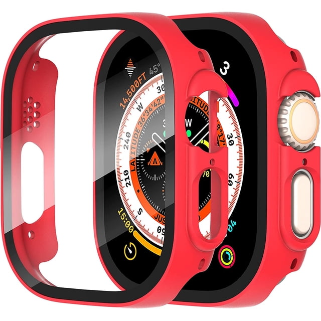 KOMI 2-Pack for Apple Watch Ultra/Ultra 2 49mm PC All-Around Screen Protector Case, Tempered Glass Screen Protector Case Ultra-Thin for iWatch Ultra/iWatch Ultra 2 49mm Protection Cover -Red