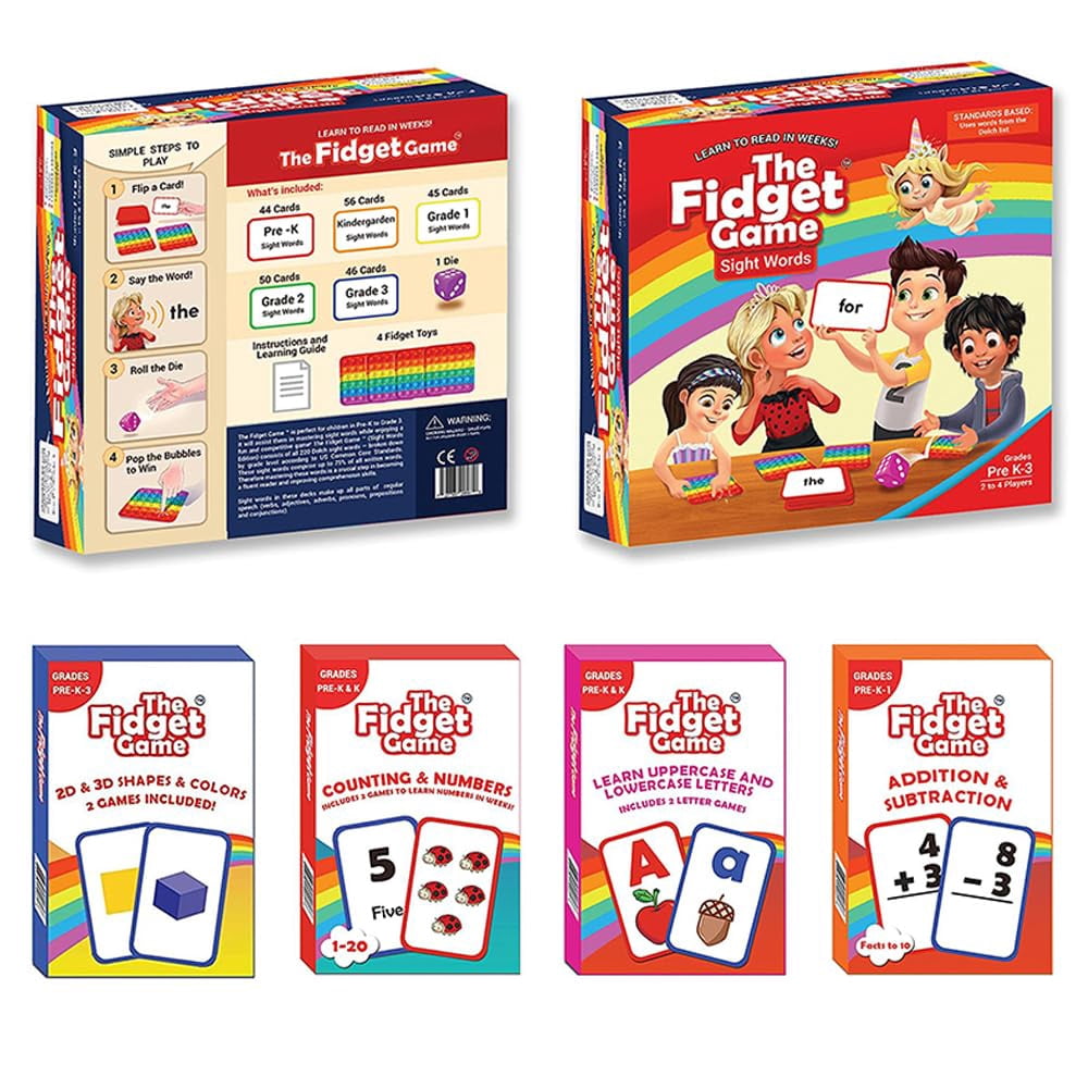 THE FIDGET GAME Kindergarten Learning Bundle - Flashcards and Pop Fidget Toys for Kids Pre-K to Grade 3 - Learning Activities and Games for High-Frequency Dolch Sight Wo