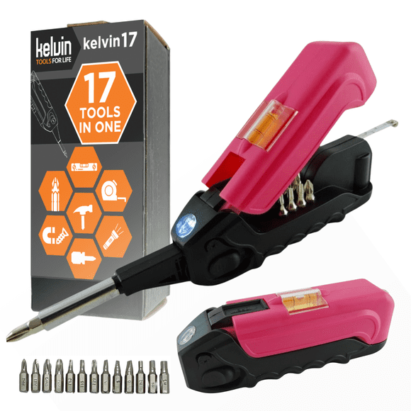 Kelvin Tools - Kelvin 17 Urban Screwdriver Set, All in One Everyday Multitool Screwdriver, Multi-Tip, Compact & Universal Precision, 13 Bit Set with Tape Measure, Liquid Level, Hammer and Flashlight