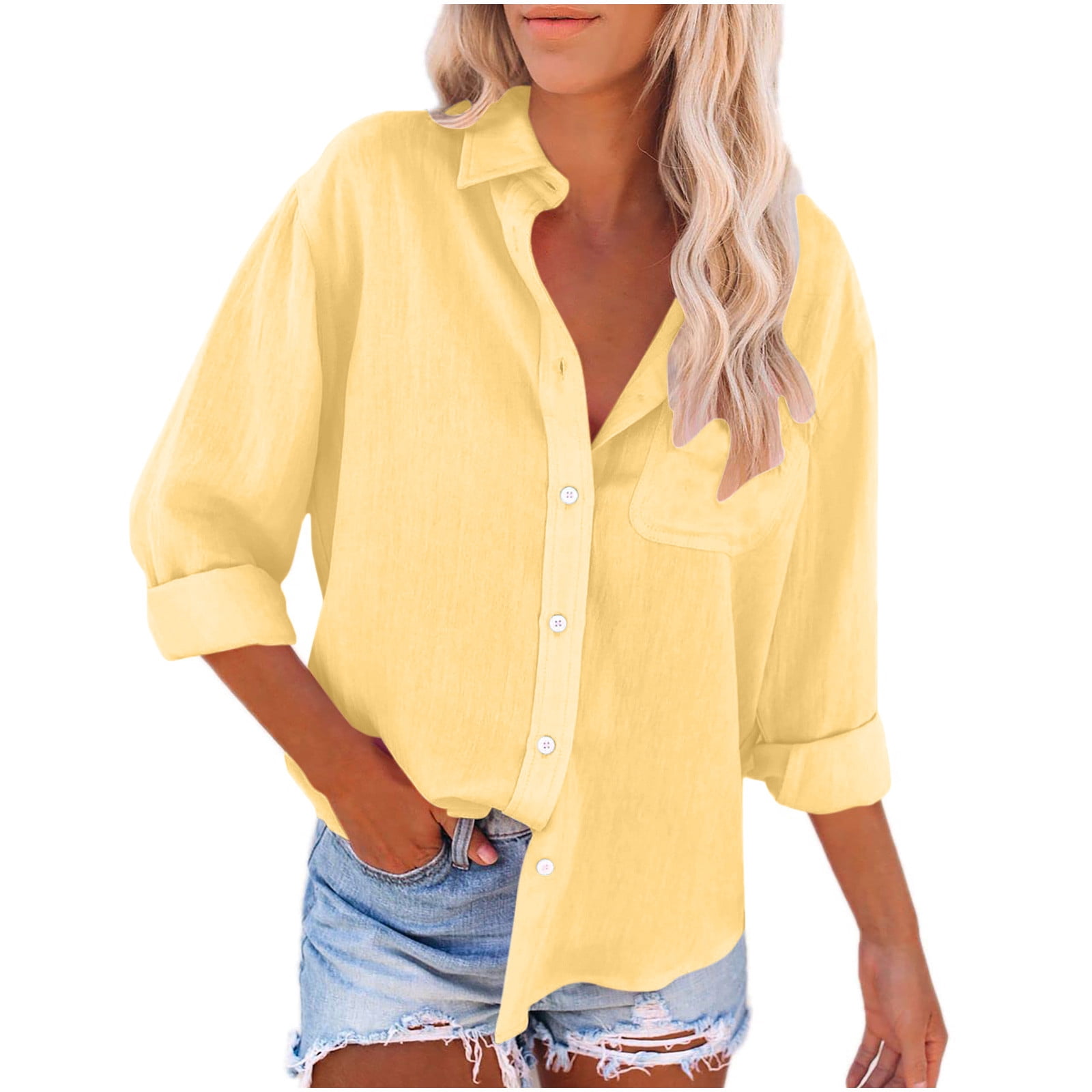 Timegard Chemises Boutonnées pour Femmes en Coton et Lin, Blouse à Col à Revers, Légère, Automne, Décontractée, Ample
