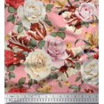 thumbnail image 1 of Soimoi Tissu en Poly Georgette Rose Imprimé Feuilles & Roses au Mètre 42 Pouces de Large, 1 of 3