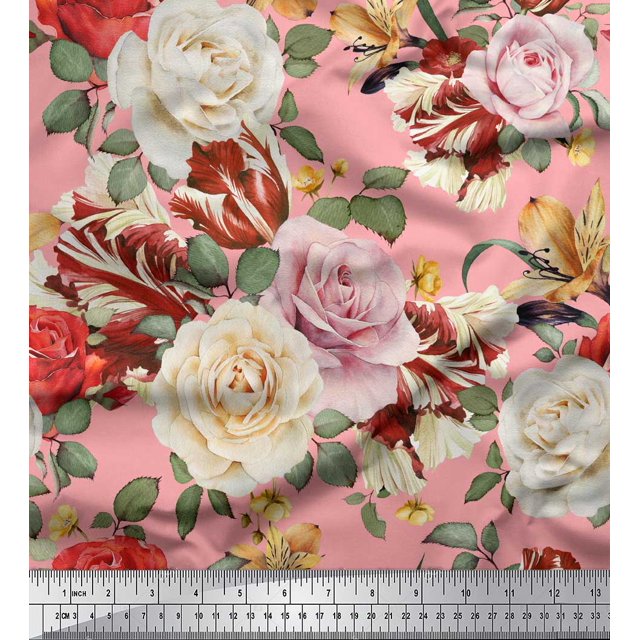Soimoi Tissu en Poly Georgette Rose Imprimé Feuilles & Roses au Mètre 42 Pouces de Large