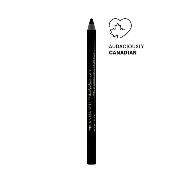 Annabelle Waterline Crayon Traceur Kohl Mat en Noir avec Texte Doré, Doté d'Une Pointe Mate Épaisse pour une application Rapide et un Rendement de Couleur intense, Conçu pour une Tenue Imperméable et Anti-Transfert Qui Dure jusqu'à 12 Heures à l'Intérieur de la Paupière, Affiché sur un Fond Blanc avec un logo Cœur de Feuille d'Érable Canadien Audacieux.