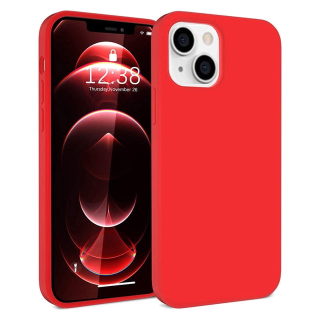 PST iPhone 14 Plus Liquid Silicone Case in a vibrant red color, featuring a slim and soft liquid silicone gel rubber design. The case offers full body protection with reinforced microfiber inner lining, 1mm raised bezel edges for screen and camera protection, and precise tactile buttons for easy access to all ports and controls. The anti-fingerprint and waterproof material ensures easy cleaning and durability.