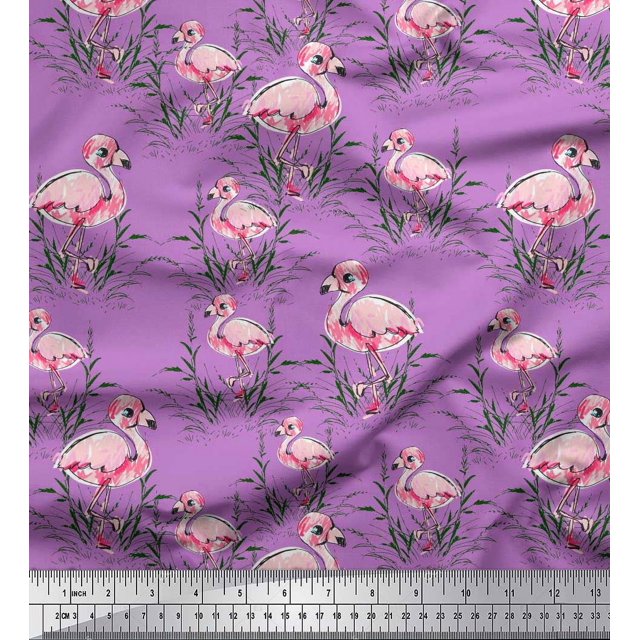 Soimoi Purple Poly Georgette Fabric Grass & Flamingo Bird Print Fabric by Yard 52 Inch Wide