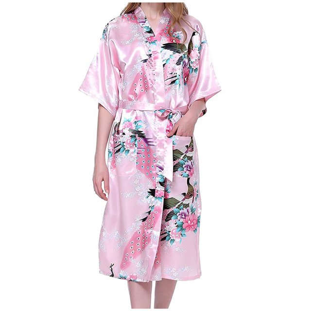 Penkiiy Peignoirs en Soie Simulée pour Femmes Peignoirs pour Femmes Kimono Paon Longue Robe de Chambre Robe Japonaise Robe m Rose