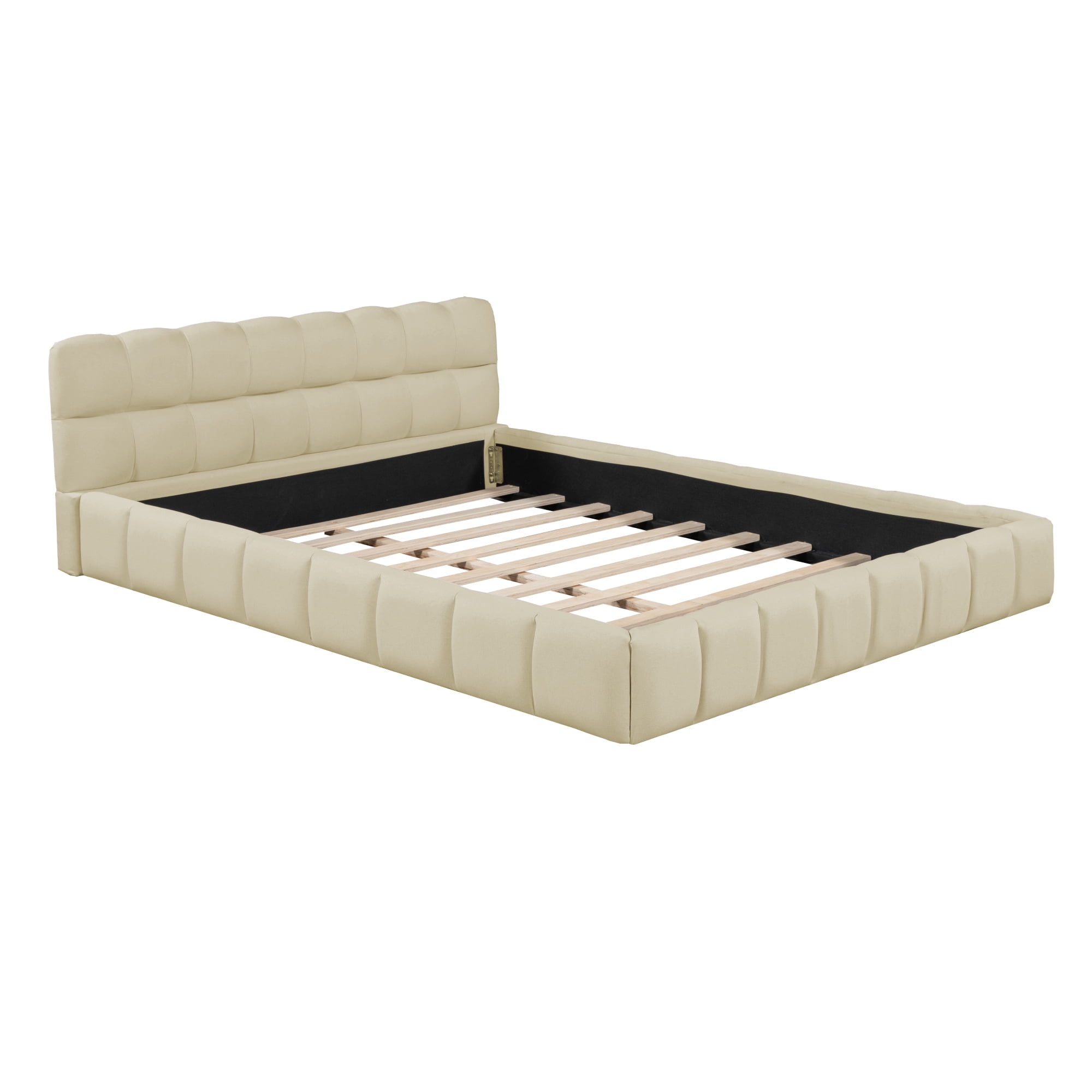 Noble House Lit Queen rembourré plate-forme, lit à terre en tissu épais avec cadre solide,Beige