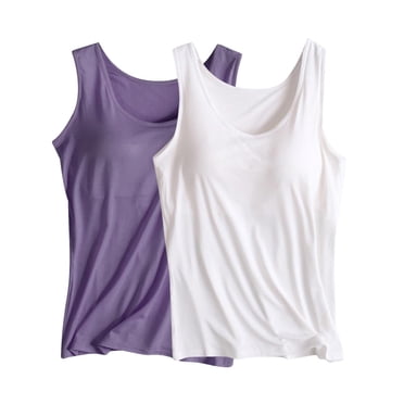 Eiyaclvo 2 Pack Tank Tops with Built in Bra for Women Scoop Neck Sleeveless Tank Tops Soft Padded Cami Shirts Workout Tank Top