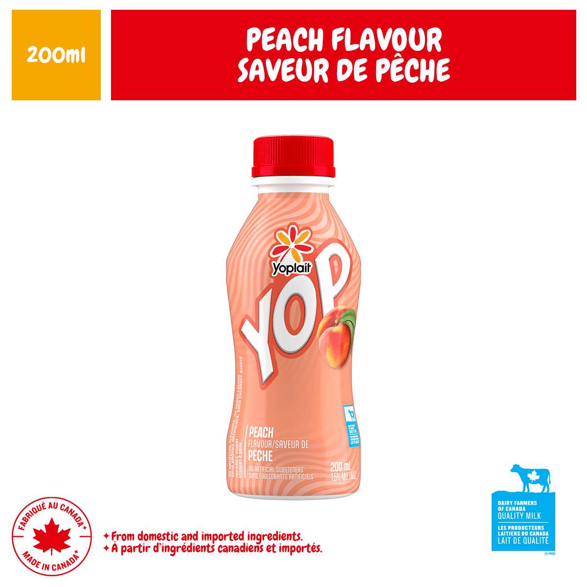Yogourt à boire Yoplait Yop 1 %, pêche, boisson au yogourt, 200 mL