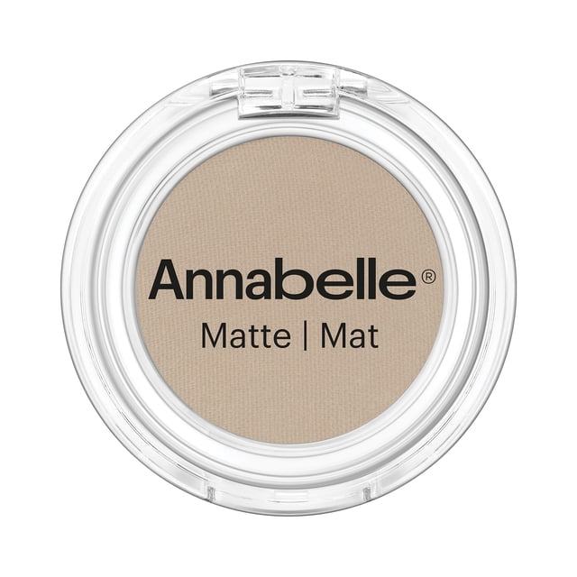 Annabelle Matte Single Eyeshadow in Sandstone, shown in a clear round compact with a soft, velvety matte powder texture, highly pigmented and blendable for long-lasting, crease-free eye makeup ideal for shading and creating depth.