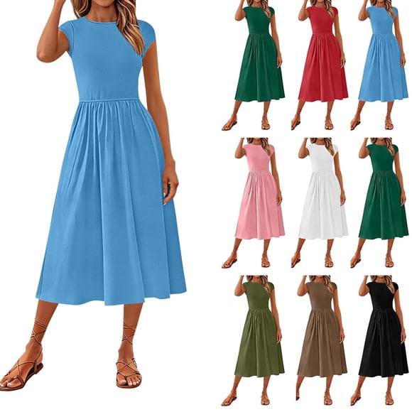 QIUOMBBP Women's Ruffle Maxi Dresses Cap Sleeve Crew Neck A Line High Waisted Dress Summer Loose Casual Sundress Pink M