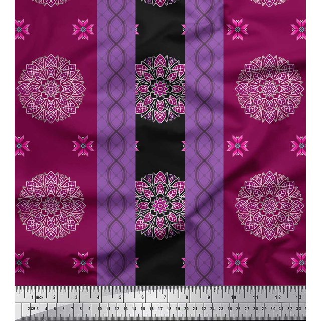 Soimoi Rayon Crepe Fabric Stripe & Mandala Decorative Print Sewing Fabric Yard 46 Inch Wide