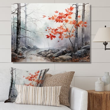 Designart Décoration Murale Forêt, art Mural Forêt, Peinture Minimaliste Monochrome Forêt Rouge I, Toile Traditionnelle Corail, 40x30 Pouces