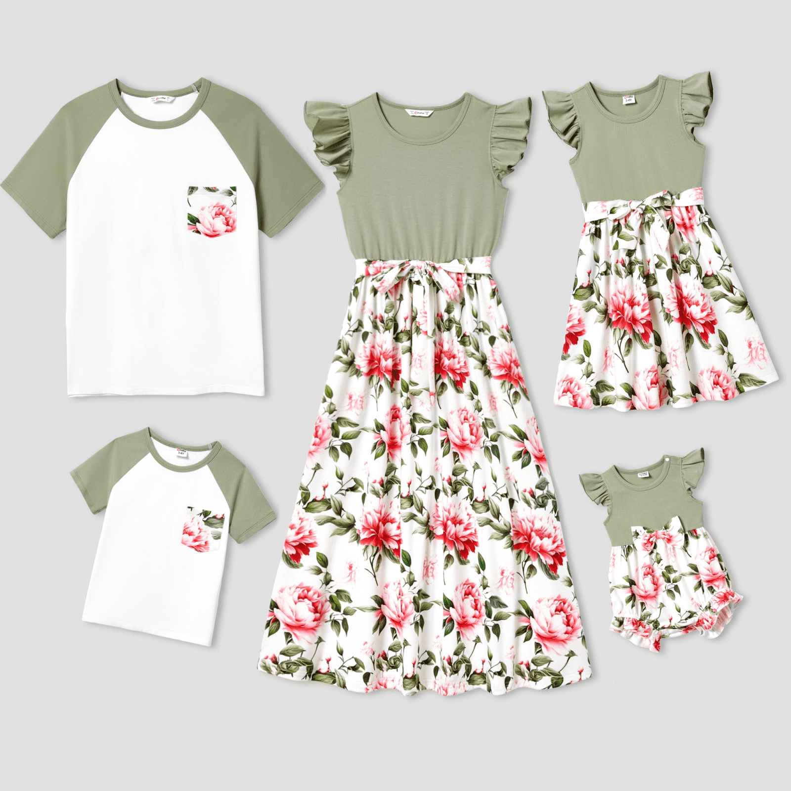 PatPat Ensembles Assortis pour la Famille : T-shirt à Manches Raglan et Robe Florale à Épaules Volantées