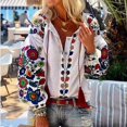 thumbnail image 2 of Women Flower Print Linen Button Long Lantern Sleeve Tunic Blouse National Shirt, 2 of 4