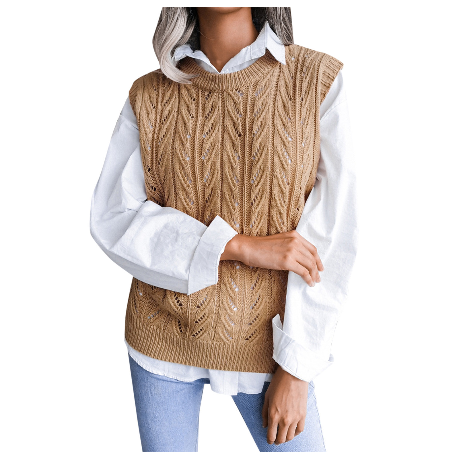 Kcodviy Women Autumn and Winter Cable Knit Coat Solid Color Round Neck Cardigan Sweaters for Women with Buttons Knit Sweater Vest Cable Felted Wool Cardigan Knitted Sleeveless Checked Knitwear Tanks