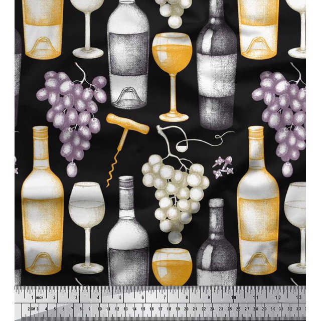 Soimoi Toile de Coton Raisins, Verre de Vin & Bouteille Tissu Imprimé 1 Yard 42 Inch Wide