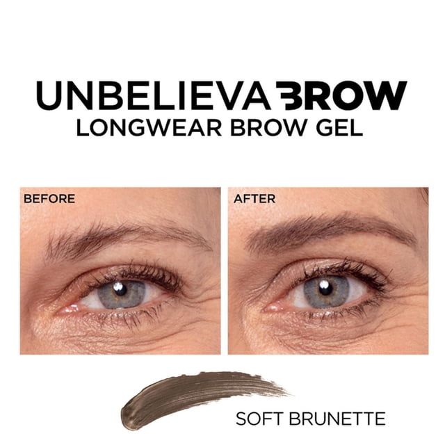 L'Oreal Paris Unbelieva-Brow gel à Sourcils Teinté Imperméable en Brunette Douce avec Vues avant et après Montrant des Sourcils Plus Fournis, Longue Tenue, Anti-Bavures, Dure jusqu'à 48 Heures.