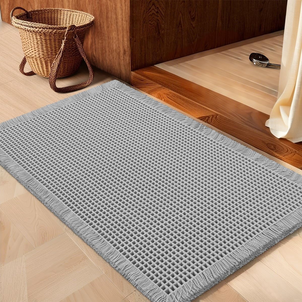 Waffle Bath Mat Light Grey 24"x17", Boho Woven Modern Bathroom Rug Mat, Absorbent Non Slip Bathroom Floor Mat, Soft Washable Bath Rugs with Tassels for Bathroom, Bedroom, Kitchen, Shower, Tub