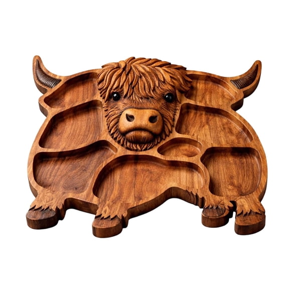 Luiuiu Highland Cow Wooden Charcuterie Board, Rustic Farmhouse Serving Board Made from Solid Wood with Compartments for Cheese, Meat, Fruit & Snacks, 11.7x11.8 Inch