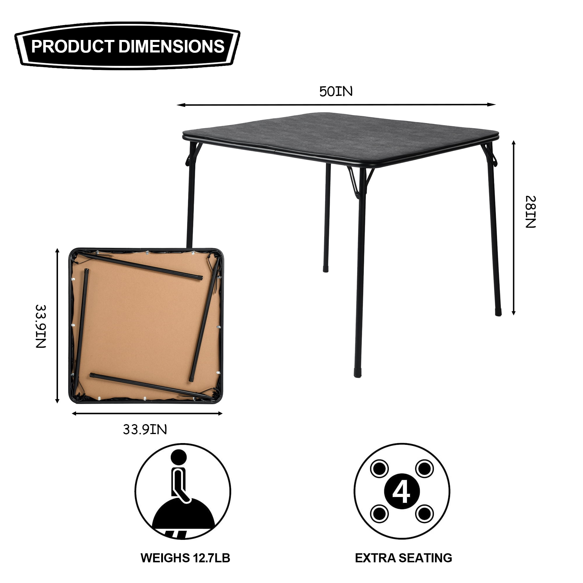 Homy Casa Table pliante carrée de 33,9 po pour 4, table de jeu et repas noire portable avec dessus en PVC et cadre en métal