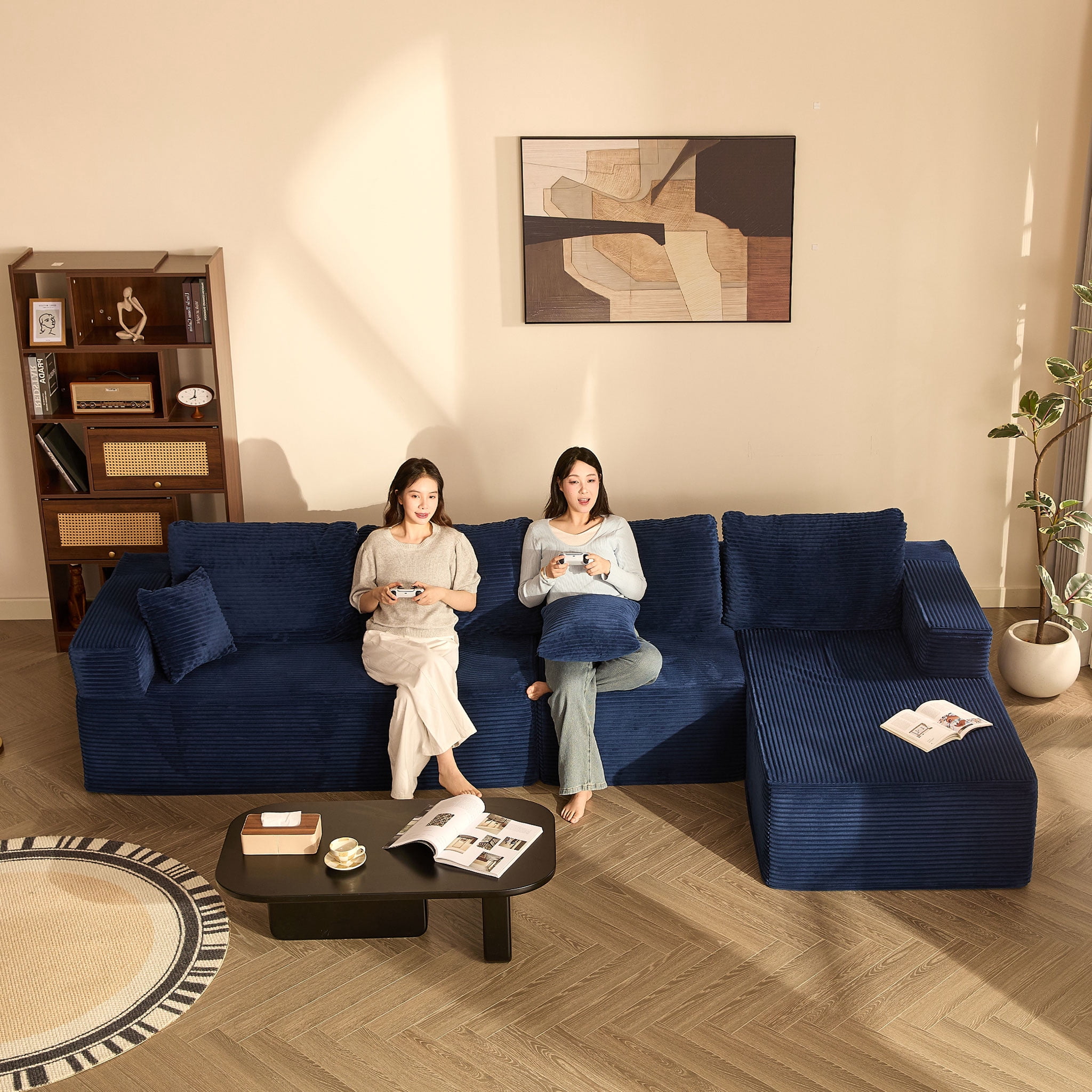 BIGSYY 107" L-Shape Left Corduroy Modular Sofa for Adults, Boneless, Deep Seat, No Assembly, Blue (2 Packages)