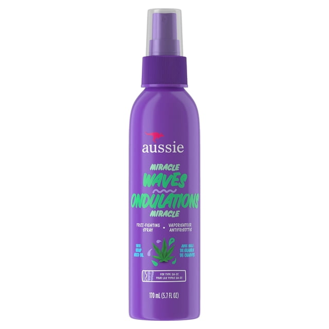 Aussie Miracle Waves Frizz-Fighting Spray with Hemp Seed Oil in a 170 ml (5.7 fl oz) purple spray bottle with green text, designed for wavy hair types 2A-2C, featuring a clear cap and ribbed nozzle for easy application.