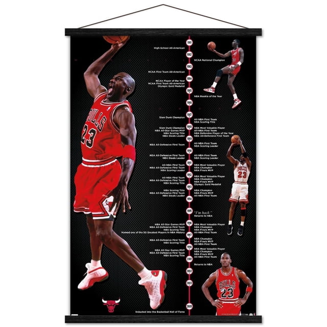 Michael Jordan - Timeline Wall Poster, 22.375" x 34" framed, displaying a black background with a vertical timeline of Michael Jordan's basketball achievements from 1981 to 2009. The poster includes multiple images of Jordan in Chicago Bulls red and white uniforms performing basketball moves like dunking and shooting. Key milestones such as NCAA National Champion, NBA Rookie of the Year, multiple NBA MVP awards, and Hall of Fame induction are listed. The modern design with a premium satin finish and lightweight frame includes a sawtooth hanger for easy wall mounting, ideal for bedrooms, offices, or dorm rooms.