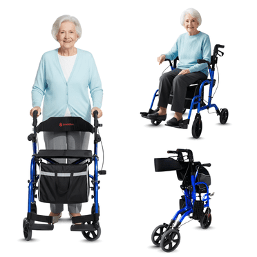 2 in 1 Lightweight Foldable Rollator Walker for Seniors & Adults - All Terrain Compact Travel Rolling Walker with Ergonomic Seat & Brakes - Blue