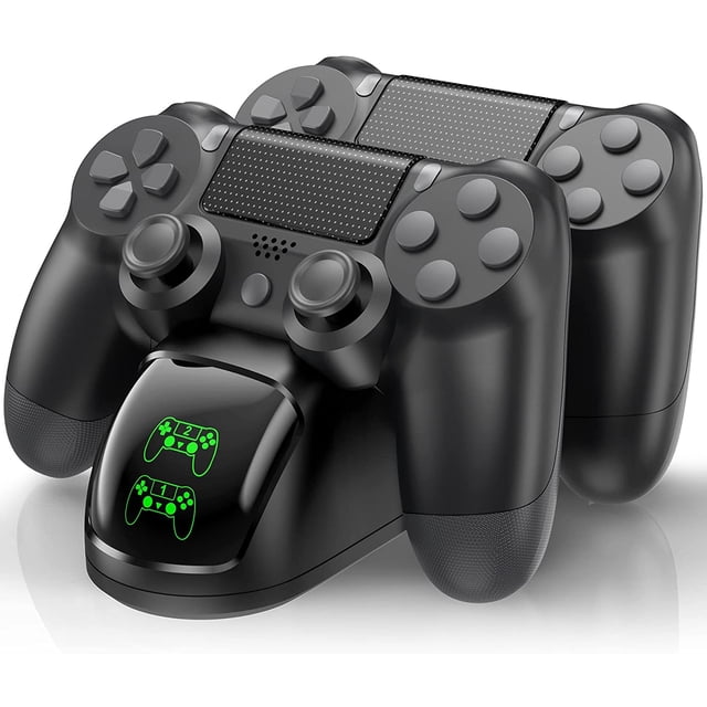 PS4 Controller Charger Dock Station by FYBTO, designed for PlayStation 4 controllers. The black charging station features dual slots for simultaneously charging two PS4 controllers. The dock includes a fast-charging port and LED indicators on the front panel, displaying the charging status for each controller. Compact and sleek design suitable for gaming setups.